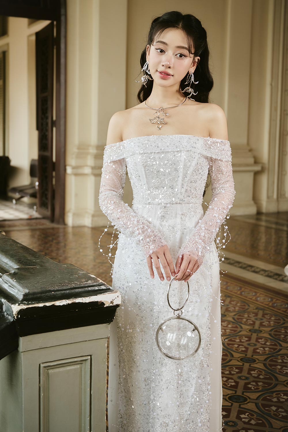 Minh Chau Sheath Off-Shoulder Lace Midi Ao Dai