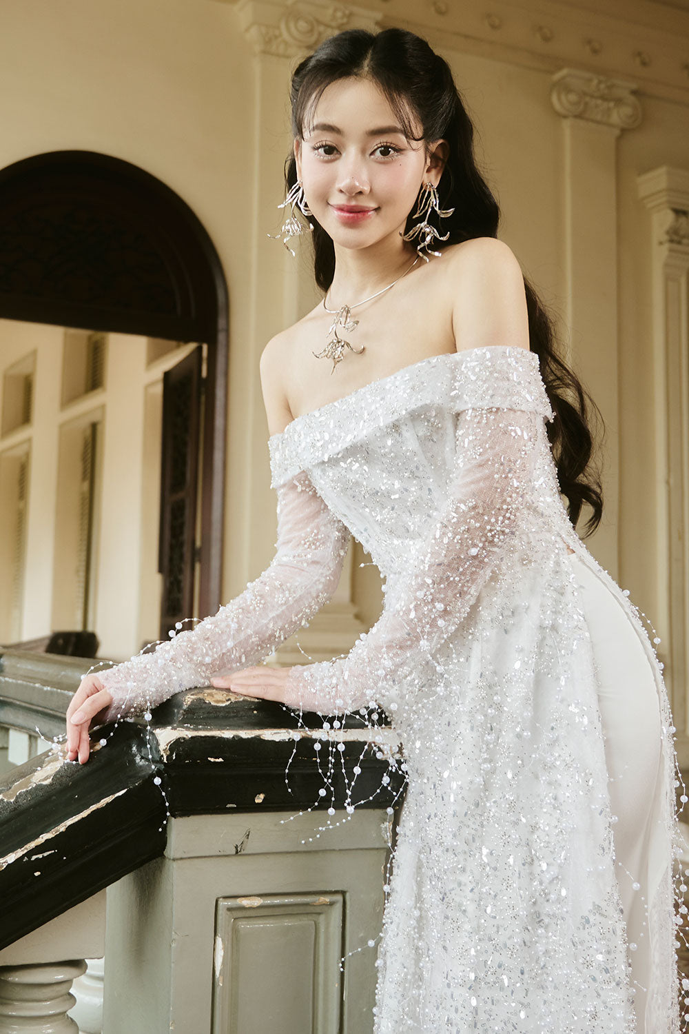 Minh Chau Sheath Off-Shoulder Lace Midi Ao Dai