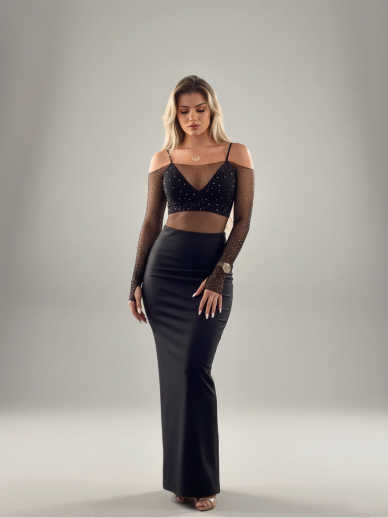 Precious Closet Black Sheer Sparkle Off-Shoulder Crop Top