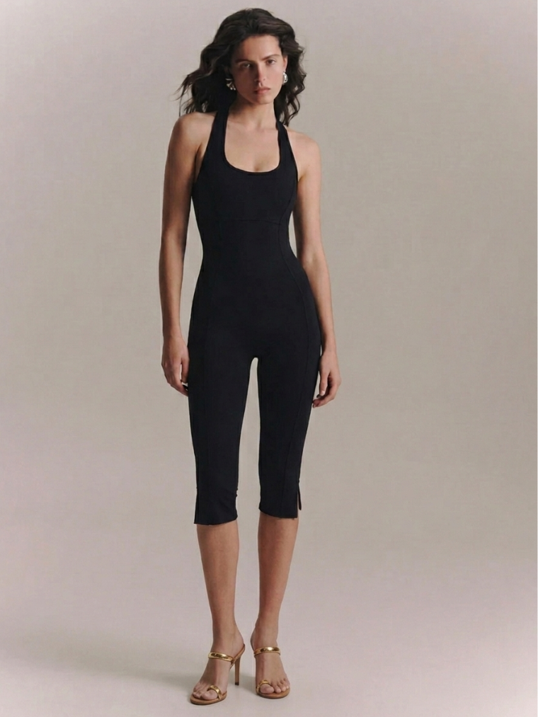 Precious Closet Halter Backless Fitted Capri Jumpsuit