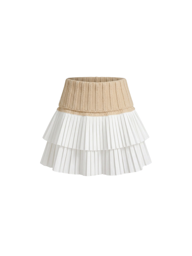 Precious Closet White Knit Patchwork Pleated Mini Skirt