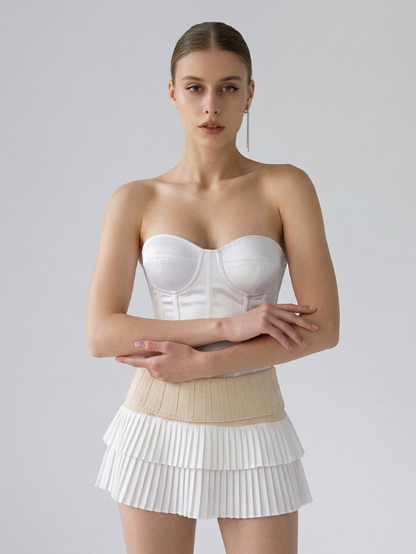 Precious Closet White Knit Patchwork Pleated Mini Skirt