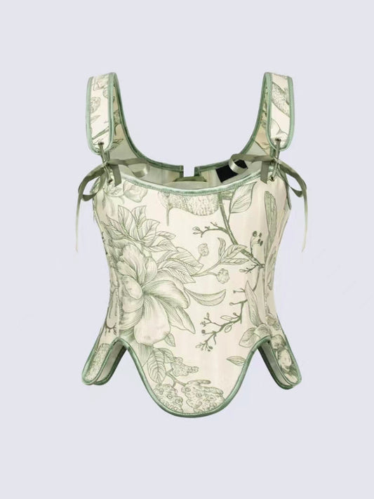 Precious Closet Floral Green Toile Tie Strap Corset Top