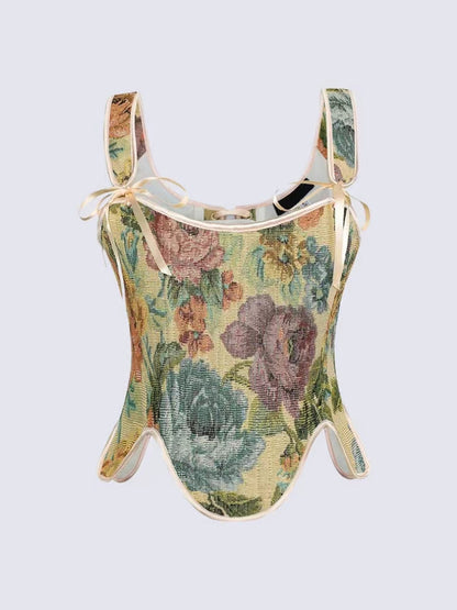 Precious Closet Floral Tapestry Ribbon Tie Corset