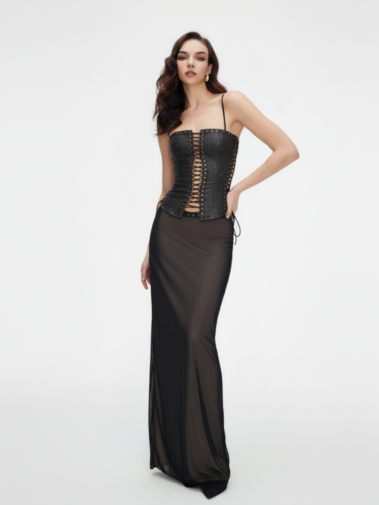 Precious Closet Crisscross Black Faux Leather Lace-Up Corset