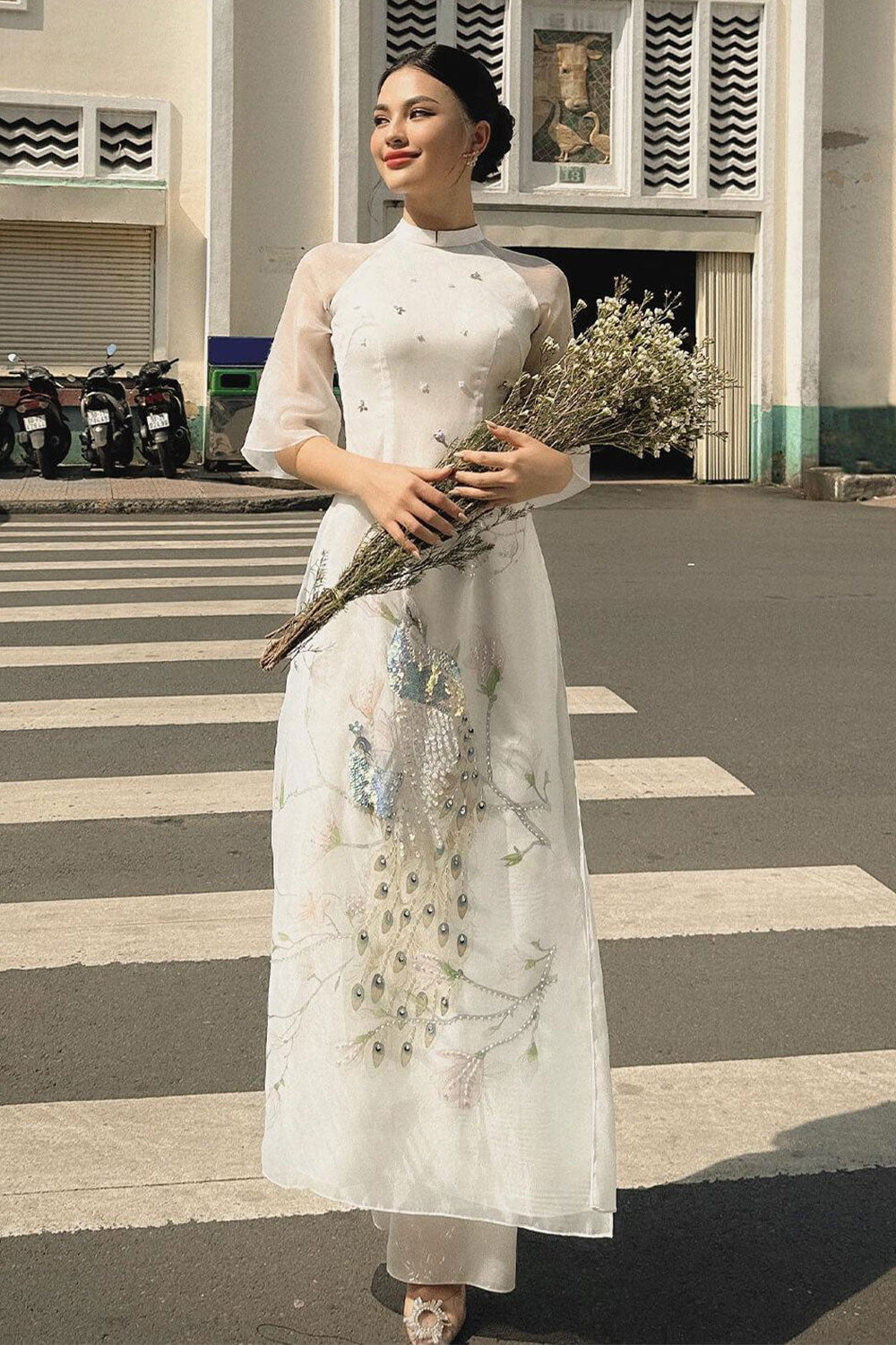 Cora White Peacock Ao Dai Set