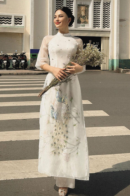 Cora White Peacock Ao Dai Set