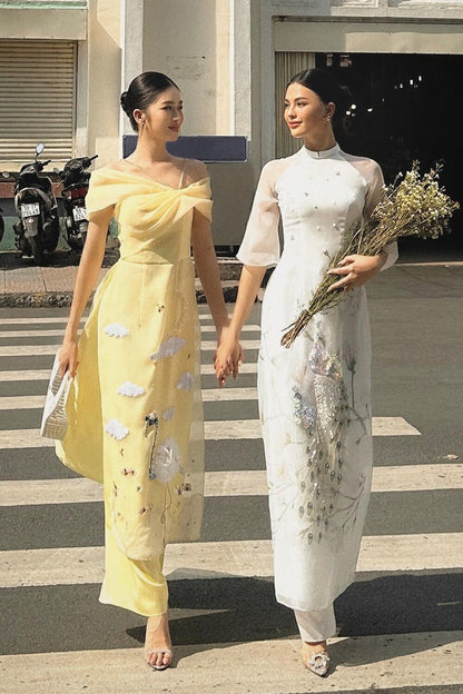 Cora White Peacock Ao Dai Set