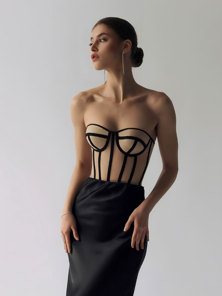 Precious Closet Sheer Mesh Black Trim Corset Top