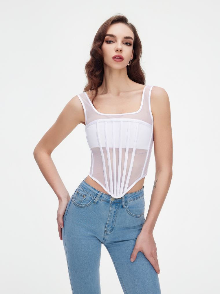 Precious Closet Black T Form Mesh Boned Corset Top