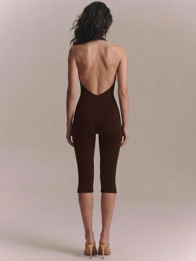 Precious Closet Halter Backless Fitted Capri Jumpsuit